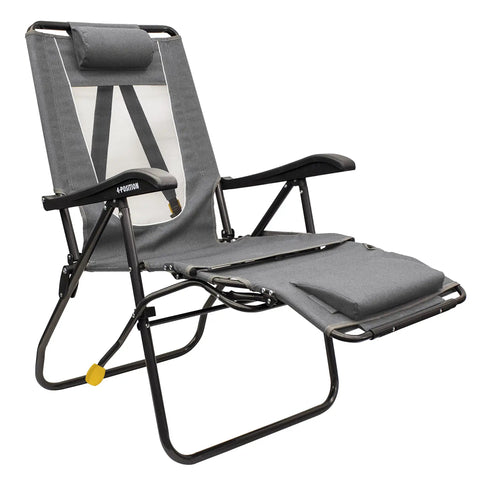 Gray Legz Up Folding Outdoor Lounger With Adjustable Recline And Leg Elevation All In One Outdoor Chair, metal frame, upright view
