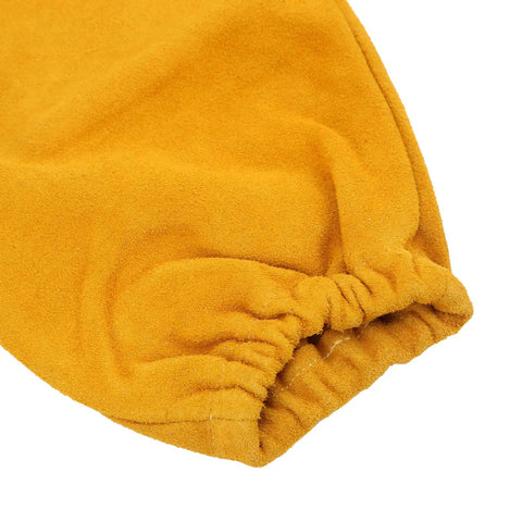 Heavy Duty Cowhide Welding Sleeves Pair Self Adhesive Arm Guards Job Site Tough Hella Durable Spark Shield For Mechanics Auto Repair Shop Essentials Golden Yellow fabric close-up showing elastic cuff.