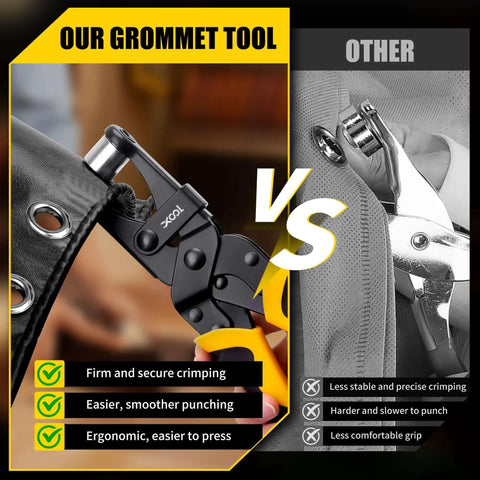 Comparison of Pro Grade Grommet Tool Kit With Magnetic Alignment vs standard tool, highlighting superior ease, precision, and ergonomics.