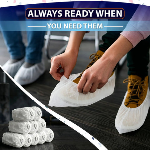Person putting on Bulk Disposable Shoe Covers, 50 Pairs Per Box, Indoor Use Only, Thin Nonwoven Fabric, Stretch Fit Up To 15.7 Inches