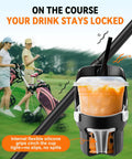 Heavy Duty Golf Push Cart Cup Holder With Super Large Capacity, holding iced drink, attached to golf cart on course