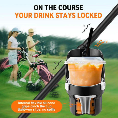 Heavy Duty Golf Push Cart Cup Holder With Super Large Capacity, holding iced drink, attached to golf cart on course
