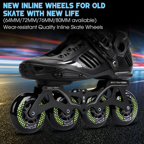 8 Pack Inline Skate Wheels Set With 72mm 76mm 80mm Options ABEC9 Bearings 85A PU Spacers Included Fits Rollerblade Roller Derby And K2 Skates For Ultra Smooth Rides Easy Replacements And Pro Grade Grip. Inline skate on pavement with black boot and green-accented wheels.