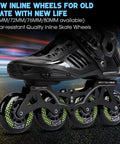 Close-up of black skate with 8 Pack Inline Skate Wheels Set With 72mm 76mm And 80mm Options, ABEC9 Bearings, 85A Durometer PU