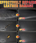 Before and after images showing leather furniture repairs using Black Leather Repair Kit and Vinyl Patch Crushes Nasty Scratches.