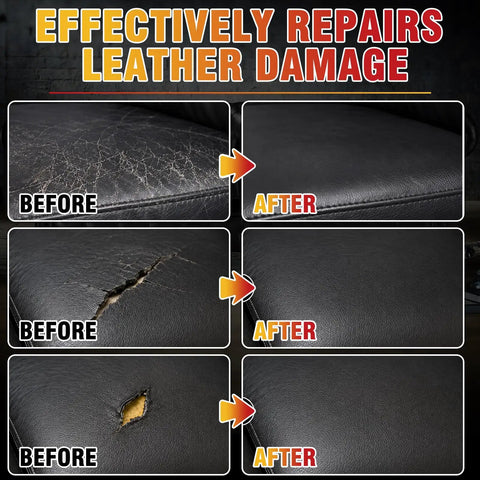 Before and after images showing leather furniture repairs using Black Leather Repair Kit and Vinyl Patch Crushes Nasty Scratches.