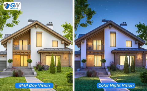 Side-by-side comparison of a house with 8MP day vision and color night vision using the 16-Channel 8MP 4K NVR Security Camera System.