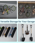 4 Pack Bike Hooks For Garage Ceiling Storage Rack Heavy Duty Steel Hangers Up To 50 Lbs Each Overhead Bike Hanger Add On For Wall Shelving And Garage Organization Rust Resistant Black displayed with bikes, skateboards, and tools.