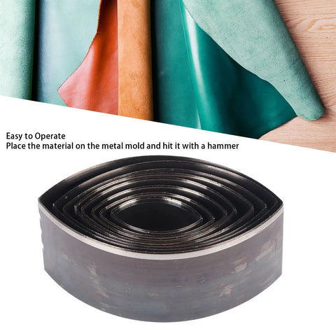 8 Piece Leather Punch Die Set With Hollow Cutters for leather and clay, shown with colorful leather sheets in background