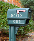 Green mailbox with 'DAVID 1088' in 3 Inch White Self Adhesive Vinyl Letters And Numbers Kit for Addresses and Signs DIY.