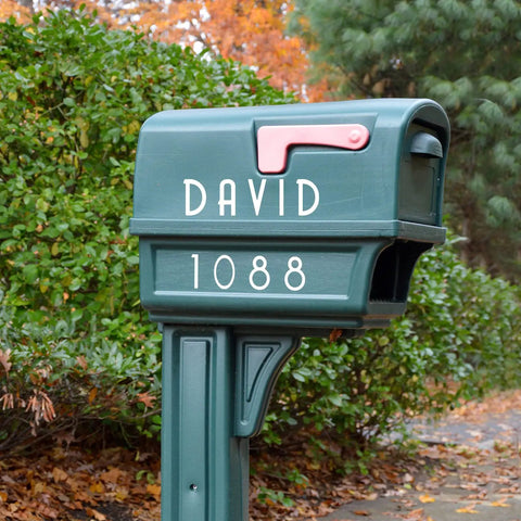 Green mailbox with 'DAVID 1088' in 3 Inch White Self Adhesive Vinyl Letters And Numbers Kit for Addresses and Signs DIY.