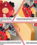Professional Grade Aluminum Router Templates And Jigs For Woodworking, Precision Edge Guide And Corner Radius Tool Set steps demonstrating use on wood.