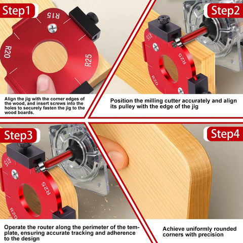 Professional Grade Aluminum Router Templates And Jigs For Woodworking, Precision Edge Guide And Corner Radius Tool Set steps demonstrating use on wood.