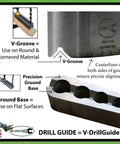 Compact V Drill Guide With Twenty One Drill Sizes For Straight, Accurate Hand Drilling On Flat Surfaces, Corners And Round Parts.