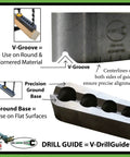 Heavy Duty US Made Steel Precision Drill Guide with V-Groove and Ground Base for 3 to 9.5 Millimeter Metric Sizes.