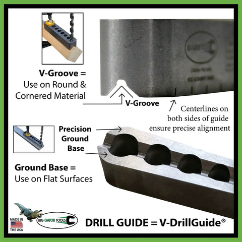Heavy Duty US Made Steel Precision Drill Guide with V-Groove and Ground Base for 3 to 9.5 Millimeter Metric Sizes.