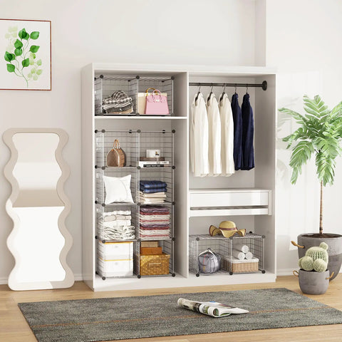 Wire Cube Storage Organizer With Twelve Modular Grids For Home Office And Living Room Large Capacity Cubes 11.8 Inches Each Silver Gray