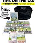 Golf Short Game Tips On The Go Portable Pocket Guide with 10 guides and black carry case displayed