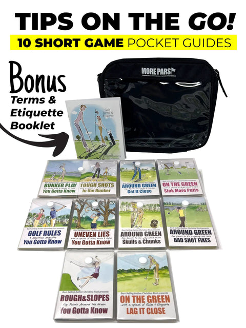 Golf Short Game Tips On The Go Portable Pocket Guide with 10 guides and black carry case displayed