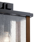 Close-up of Outdoor Wall Light Sconce In A Sleek Dope Black Finish With Clear Seeded Glass detail, traditional rustic style, exterior lighting.