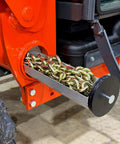 Space Saving Hidden Torque Tube Tool Tray Organizer for Front End Loader Tractor featuring snap-in chain holder