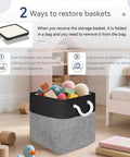 Six Pack 11 Inch Fabric Cube Storage Bins With Handles For Shelves And Desks Black And Gray Linen Textured Exterior Easy Clean EVA Lining Durable Storage Organizer For Home Office Closet, shown with toys.