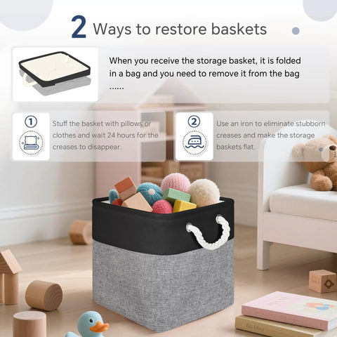 Six Pack 11 Inch Fabric Cube Storage Bins With Handles For Shelves And Desks Black And Gray Linen Textured Exterior Easy Clean EVA Lining Durable Storage Organizer For Home Office Closet, shown with toys.
