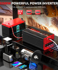 5500W Power Inverter 12V DC To 120V AC With 11000W Peak Surge powering various appliances and devices on a table.
