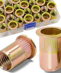 19-Piece 1/2-Inch 13 UNC Rivet Nut Kit With Carbon Steel Flat Threaded Inserts in plastic case close-up view