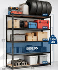 Beefy 5-Tier Steel Shelving Unit With 60 Inch Wide 24 Inch Deep 72 Inch High Carbon Steel Frame Holds Up To 2,500 Lbs Total Capacity With 500 Lbs Per Shelf For Heavy Tools Boxes And Large Equipment, loaded with tires and storage bins