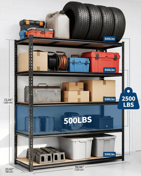 Beefy 5-Tier Steel Shelving Unit With 60 Inch Wide 24 Inch Deep 72 Inch High Carbon Steel Frame Holds Up To 2,500 Lbs Total Capacity With 500 Lbs Per Shelf For Heavy Tools Boxes And Large Equipment, loaded with tires and storage bins