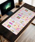 Pink Cute Desk Pad 31.5 By 15.7 Inches Large Mouse Pad For Keyboard And Mouse on wooden desk with decorative pattern.