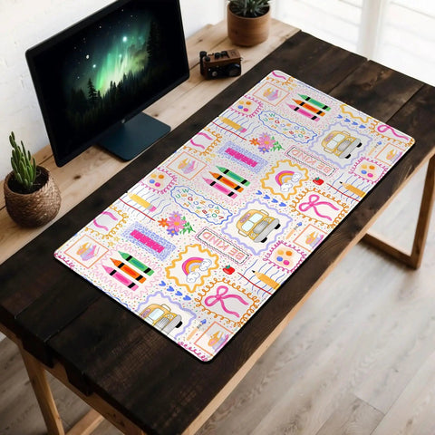 Pink Cute Desk Pad 31.5 By 15.7 Inches Large Mouse Pad For Keyboard And Mouse on wooden desk with decorative pattern.