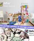 Stuffed Animal Storage Zoo Holder Space Saving Vertical PVC Toy Organizer With Elastic Net in a tidy playroom