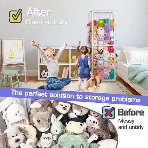 Stuffed Animal Storage Zoo Holder Space Saving Vertical PVC Toy Organizer With Elastic Net in a tidy playroom