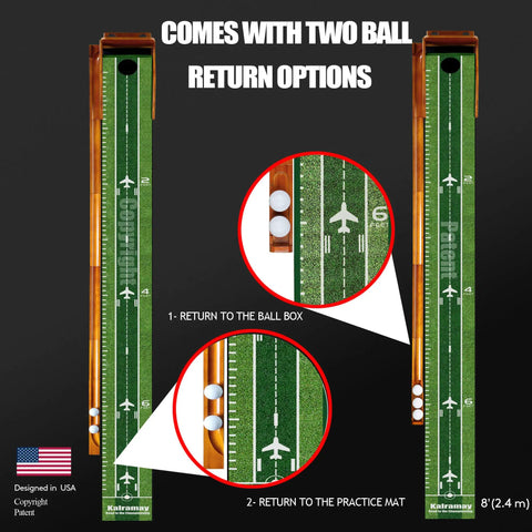 Diagram showing Indoor Golf Putting Mat With Easy Setup And Automatic Ball Return, featuring two return options and wrinkle-free surface.