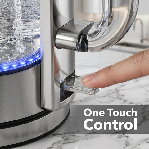 Close-up of Lightning Fast 1.7L Glass Electric Kettle With Stainless Steel Base Cordless 1500W Boiler Double Wall in use.
