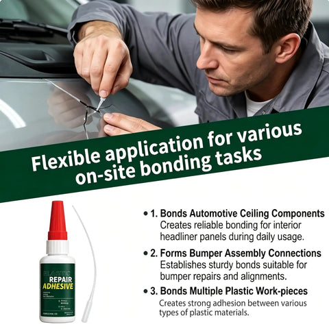 Heavy Duty Car Bumper Repair Adhesive For A Hella Strong Quick Fix On Cracked Plastic and Broken Auto Housing Using Fast Curing Waterproof Formula to bond bumper parts.