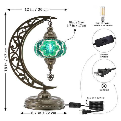 Turkish Stained Glass Moon Shape Table Lamp With Mosaic Lampshade Moroccan Crescent Tiffany Style Handmade Desk Light For Living Room Or Office Emerald Green Rustic Decor And Soft Dim Lighting with measurements and parts.