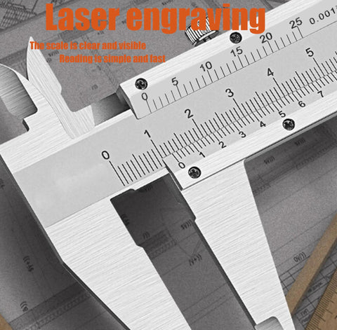 Close-up of Pro Grade 12 Inch Vernier Caliper Stainless Steel Measuring Tool With Inside Outside Depth And Step Measurements with laser engraving.