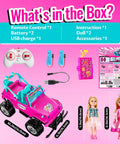Box contents for Pink 1 To 16 Scale Remote Control Jeep For Girls With LED Lights Fits Two 5.5 Inch Dolls 2.4 GHz Off Road RC Toy Car