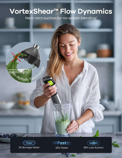 Woman using Badass 1200W Immersion Blender With Pure Copper Motor And Six Blade Handheld Mixer for smoothies in a clear jar.