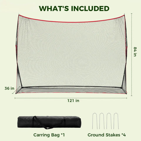 10x7 Ft Golf Practice Net For Backyard And Indoor Use Red Heavy Duty Net With Large Hitting Area Easy Setup Stable Stakes Perfect For Home Swing Practice And Indoor Outdoor Golf Training shown with carrying bag and stakes