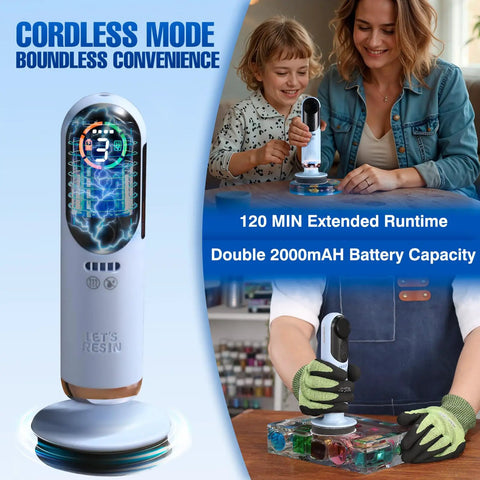 Versatile Do It All Electric Resin Sander And Polisher with dual 2000mAh batteries, LCD display, shown sanding resin craft