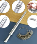 Badass Jeweler Toolkit Featuring Tough Saw Frame With 144 Cutting Blades Sturdy Bench Pin Clamp Ring Sizer Mandrel Needle Files Wire Snips And Steel Hammer For Serious DIY Jewelry Crafting Gear shows a silver ring sizer mandrel with measuring scales.