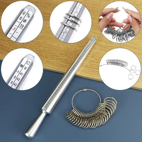 Badass Jeweler Toolkit Featuring Tough Saw Frame With 144 Cutting Blades Sturdy Bench Pin Clamp Ring Sizer Mandrel Needle Files Wire Snips And Steel Hammer For Serious DIY Jewelry Crafting Gear shows a silver ring sizer mandrel with measuring scales.