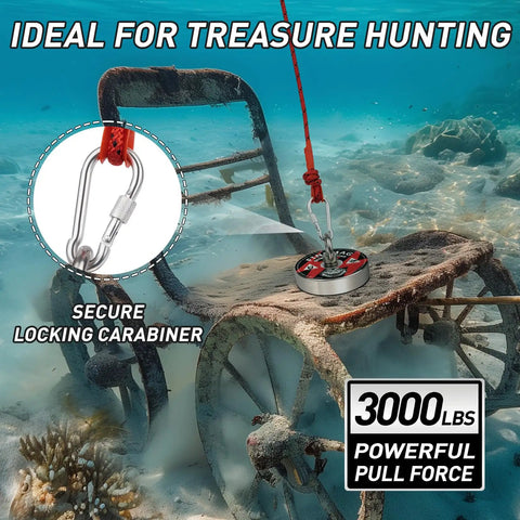 Beast Magnet Fishing Kit 3000LBS Pull With 4.72 Inch N52 Neodymium Magnet underwater pulling an old metal chair.