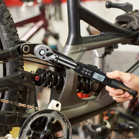 Three Eighth Inch Digital Torque Wrench With Buzzer And LED used on a bike frame, showing digital display, Pro Grade Adjustable Torque Tool
