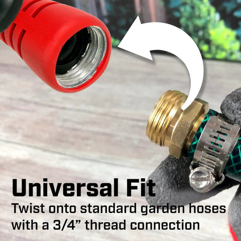 Adjustable Cone Tip Garden Hose Nozzle With Rear Trigger Grip And Standard Thread Connection showing universal fit