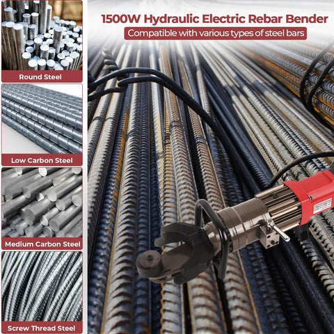 Heavy Duty 1500W Electric Hydraulic Rebar Bender For Steel Rods Up To 1 Inch #8 And 25mm with various steel types displayed.